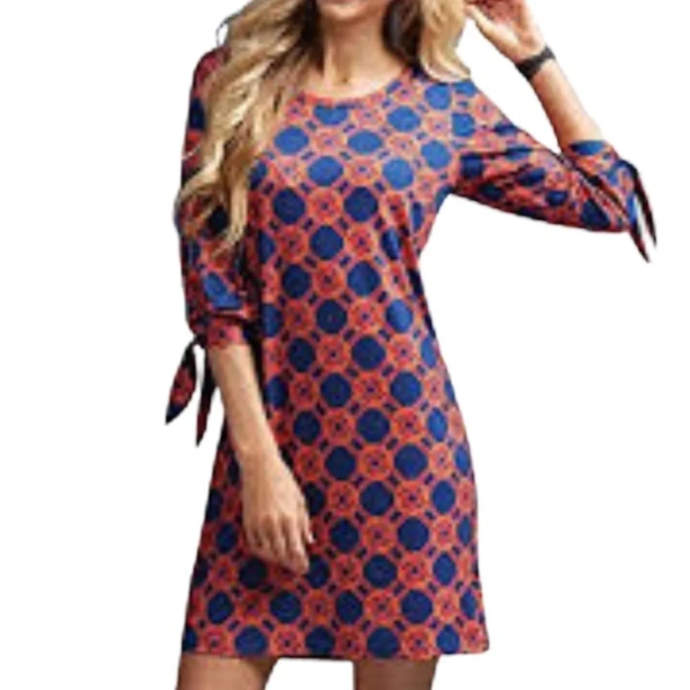 MUD Pie Women’s Navy Red Orange Lattice Print Shirt-Dress Scoop Neck, EUC Size M - Picture 1 of 14